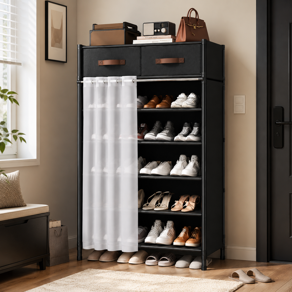 Modern Shoe Storage Rack with Drawers & Curtain Organizer