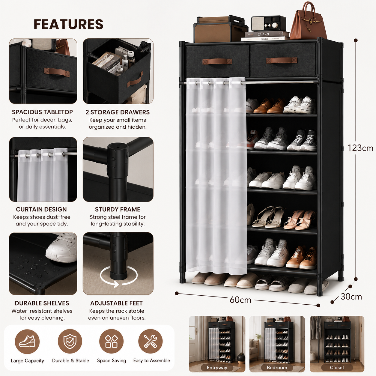 Modern Shoe Storage Rack with Drawers & Curtain Organizer