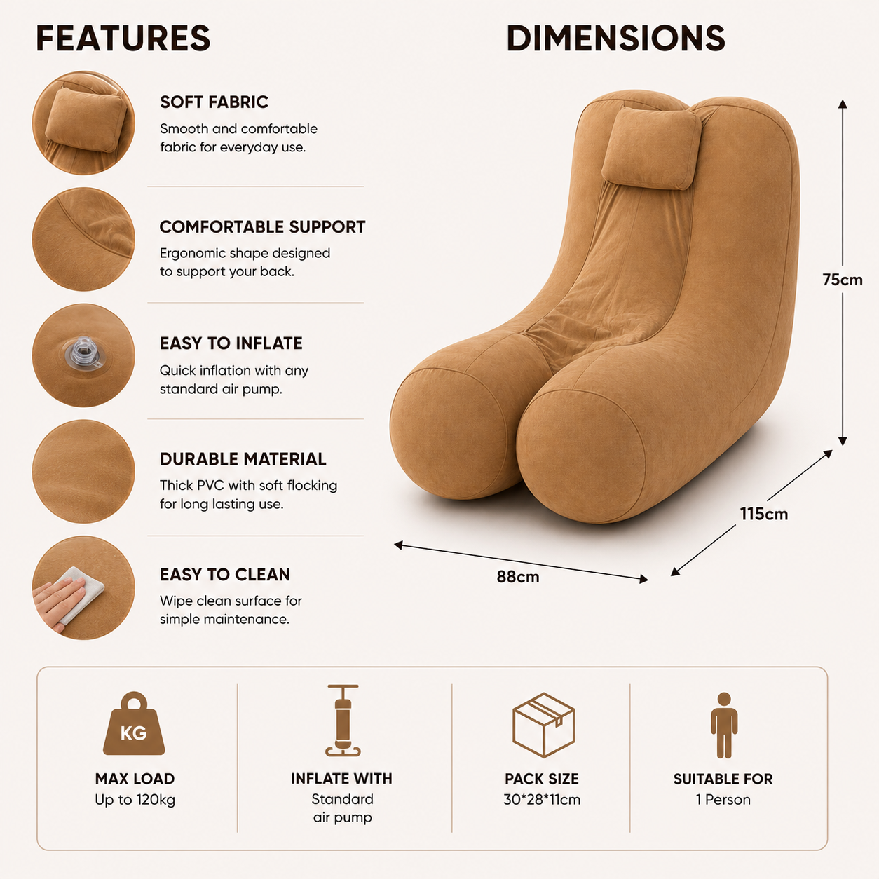 Inflatable Lounge Chair with Back Support – Soft Suede Single Seat