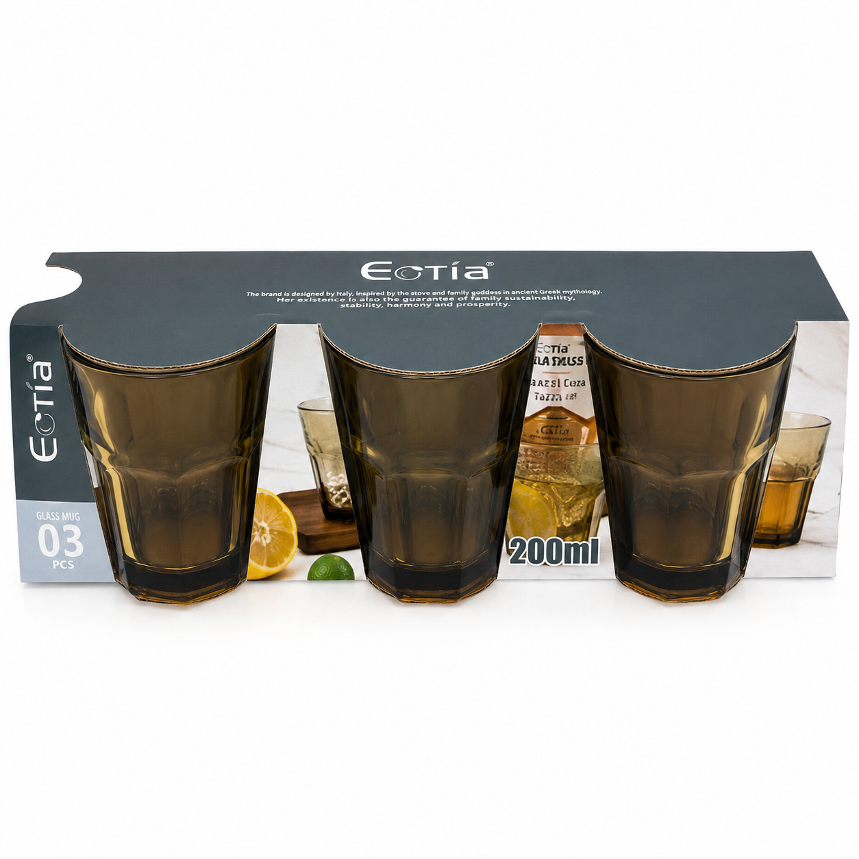 Amber Glass Mug Set of 3 | 200ml Drinking Glasses
