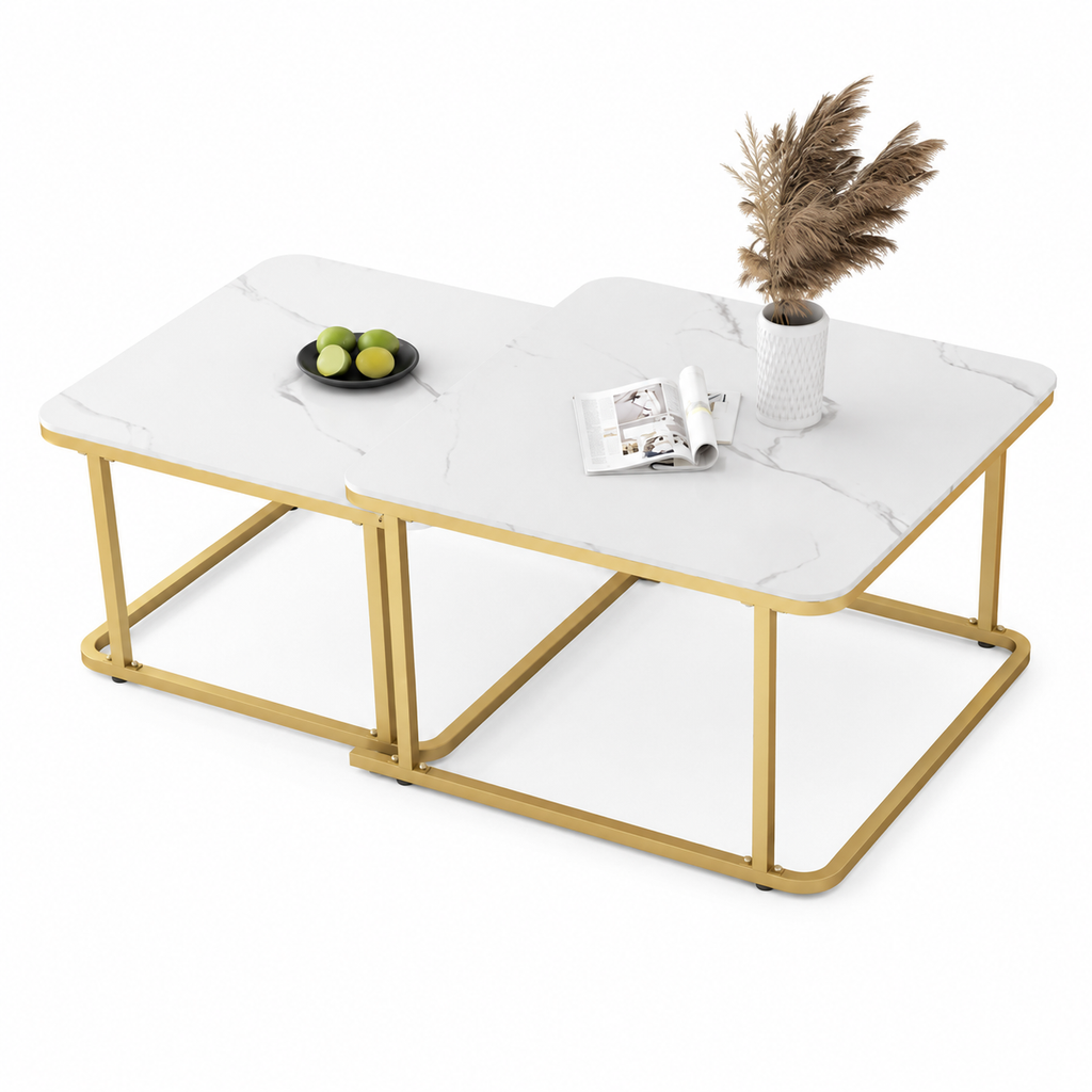 Modern Marble Nesting Coffee Table Set with Gold Metal Frame – 2 Piece Living Room Table Set