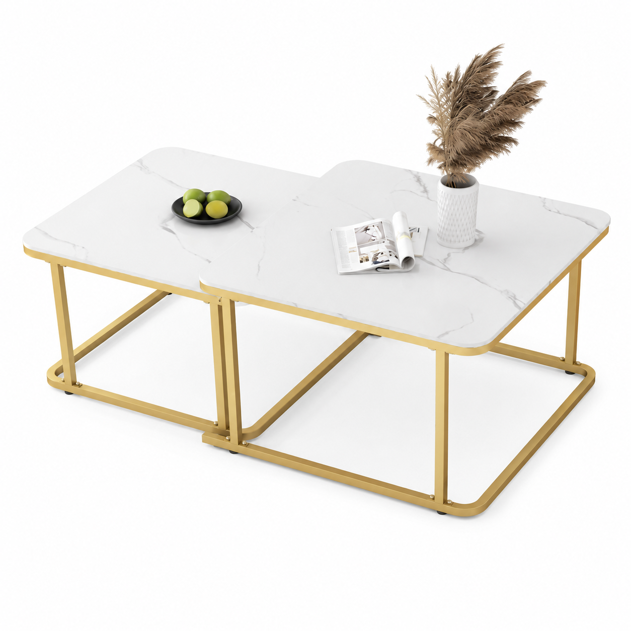 Modern Marble Nesting Coffee Table Set with Gold Metal Frame – 2 Piece Living Room Table Set