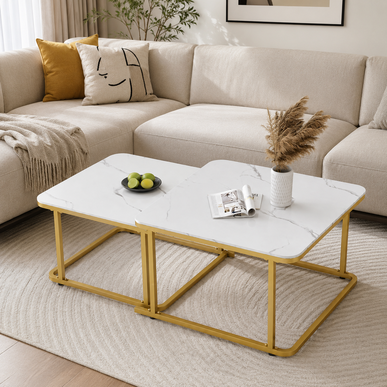 Modern Marble Nesting Coffee Table Set with Gold Metal Frame – 2 Piece Living Room Table Set