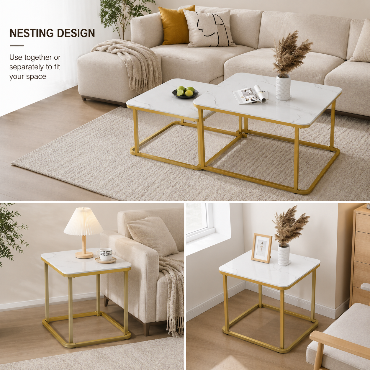 Modern Marble Nesting Coffee Table Set with Gold Metal Frame – 2 Piece Living Room Table Set
