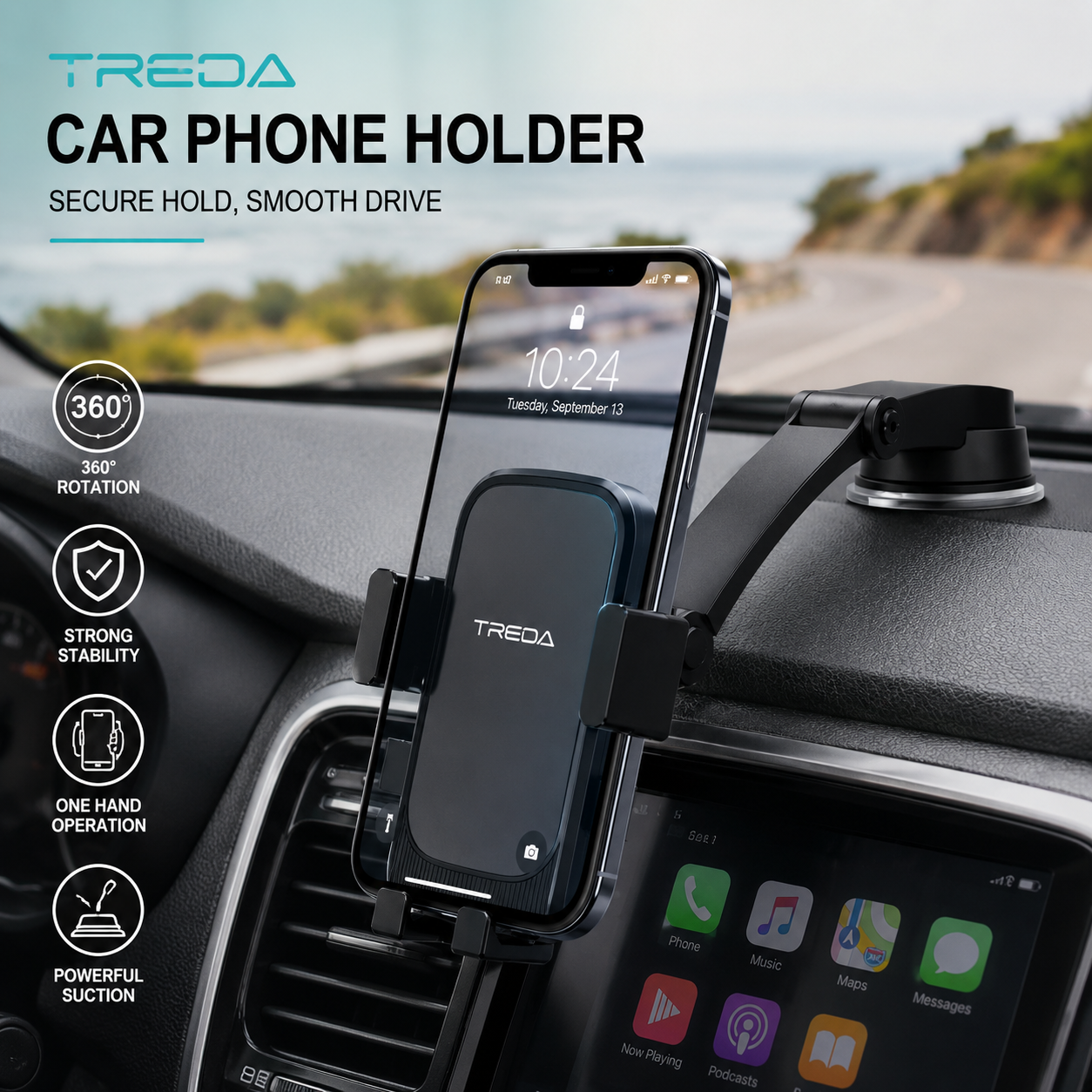 Treqa BC-T35 Adjustable Car Suction Mount Phone Holder | 360° Rotating Universal Car Mount