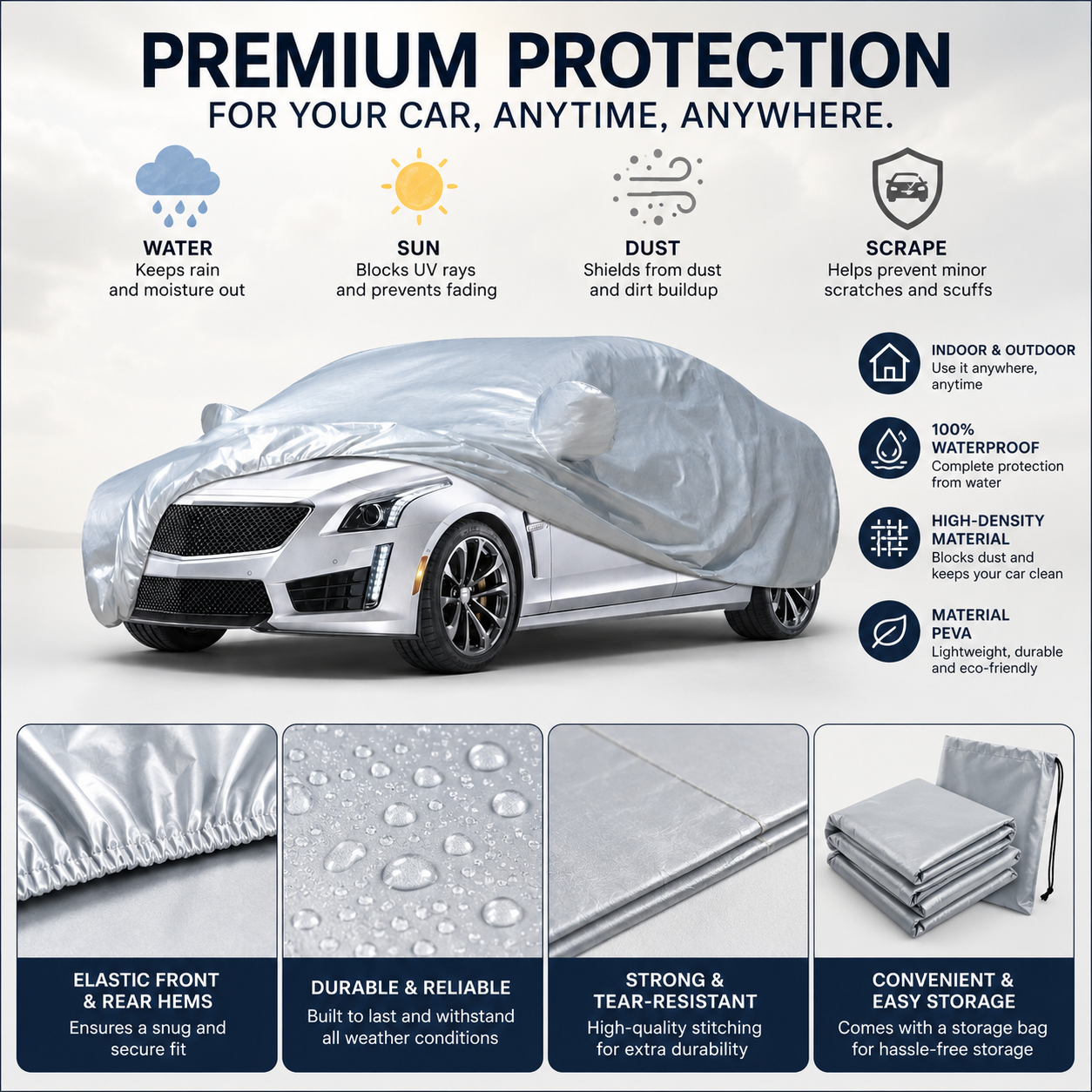 Car Cover YM Ultra-Lite PEVA Material | 100% Waterproof All-Weather Protection
