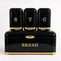 4-Piece Black & Gold Kitchen Storage Set | Bread Bin, Sugar, Tea & Coffee Canisters