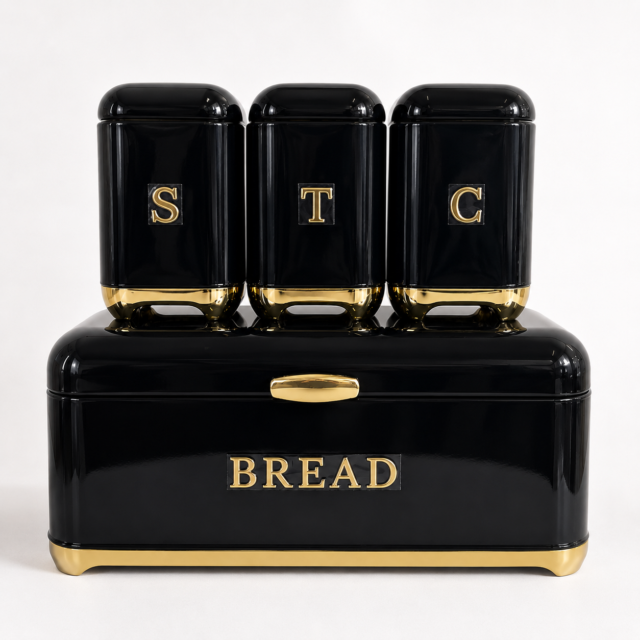 4-Piece Black & Gold Kitchen Storage Set | Bread Bin, Sugar, Tea & Coffee Canisters