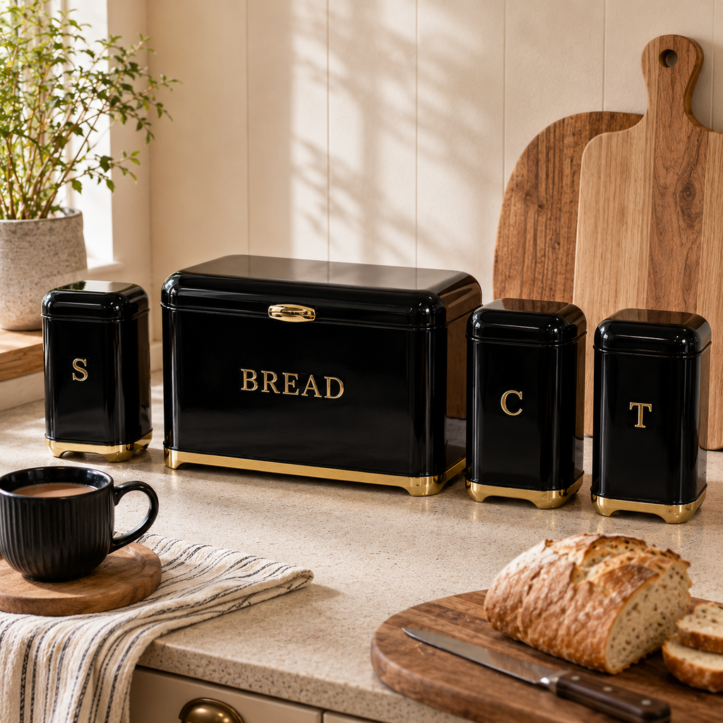 4-Piece Black & Gold Kitchen Storage Set | Bread Bin, Sugar, Tea & Coffee Canisters