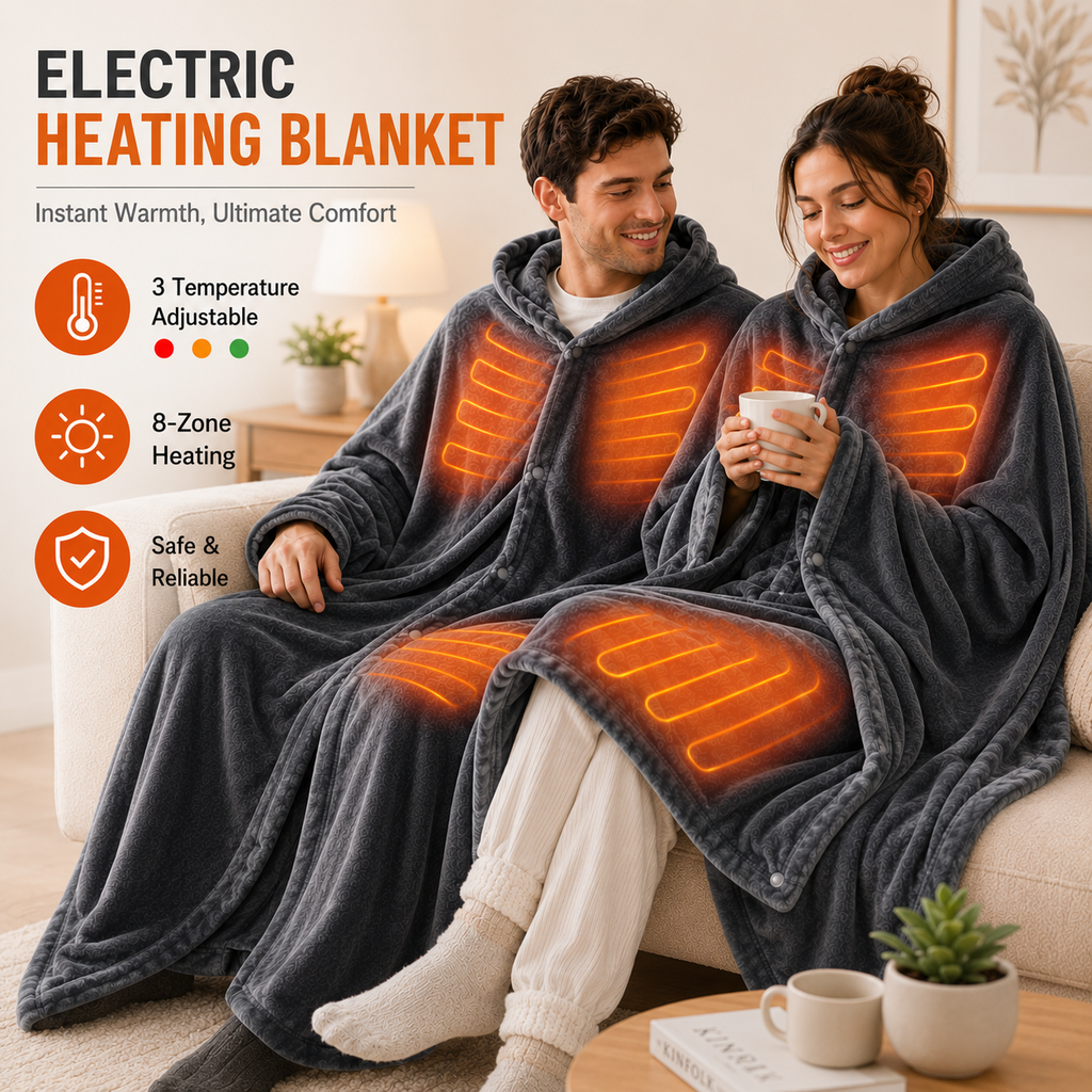 Electric Heating Blanket Shawl – 3 Temperature Settings & 8-Zone Heating