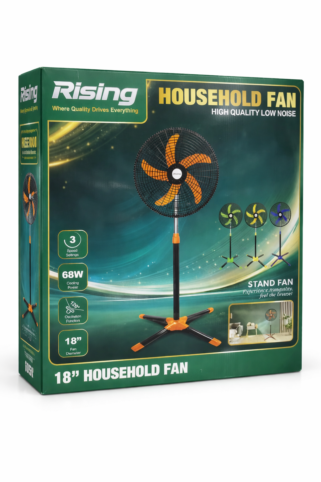 Rising 18" Household Stand Fan – 3 Speed Oscillating Cooling Fan with Adjustable Height (68W)