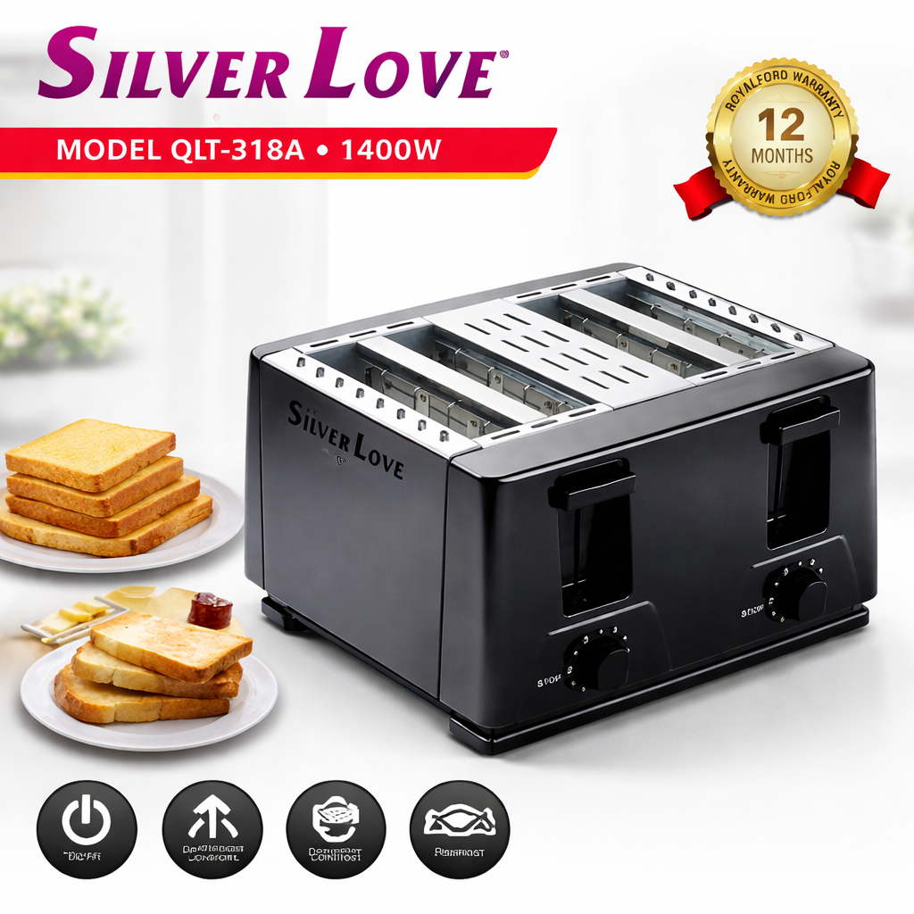 Silver Love 4-Slice Toaster 1400W – Model QLT-318A Stainless Steel Bread Toaster with Adjustable Browning