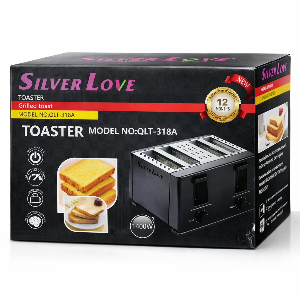 Silver Love 4-Slice Toaster 1400W – Model QLT-318A Stainless Steel Bread Toaster with Adjustable Browning