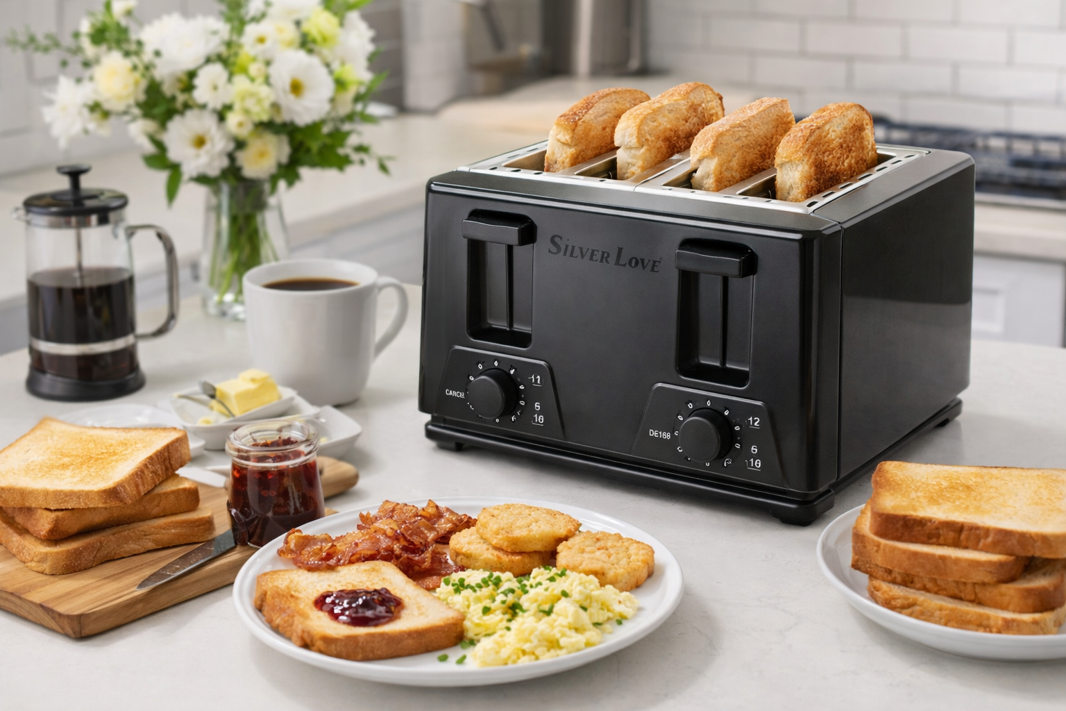 Silver Love 4-Slice Toaster 1400W – Model QLT-318A Stainless Steel Bread Toaster with Adjustable Browning