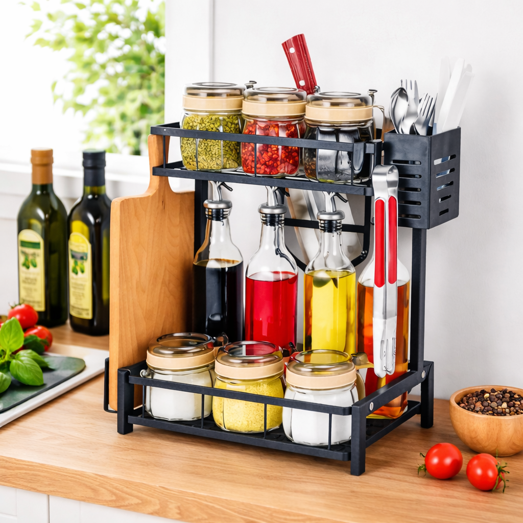 2-Level Multifunction Kitchen Storage Rack with Utensil Holder