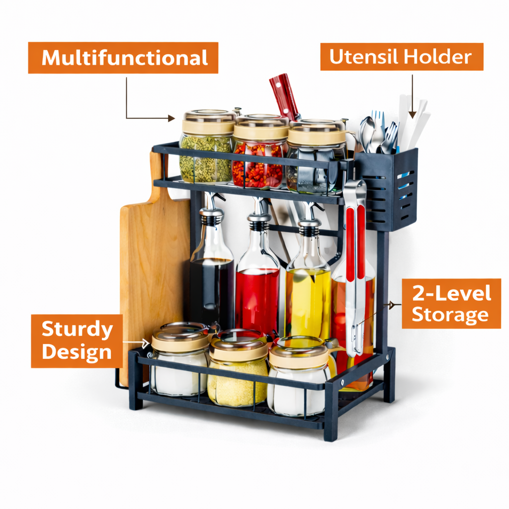 2-Level Multifunction Kitchen Storage Rack with Utensil Holder