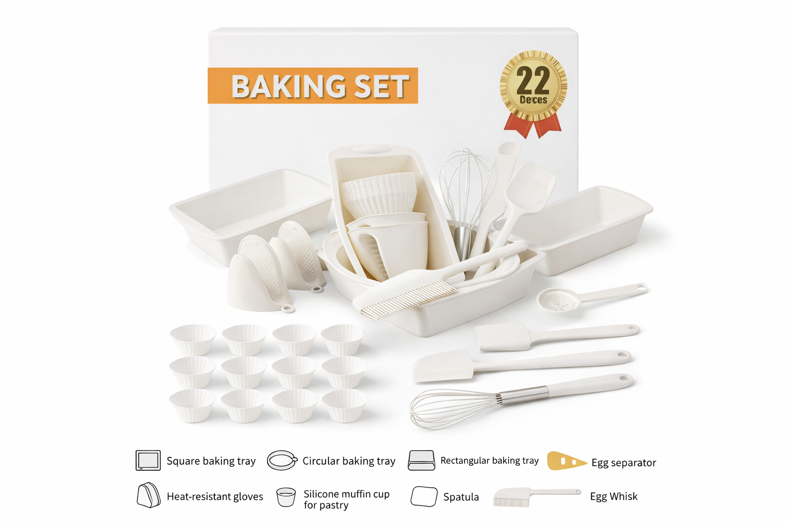22-Piece Silicone Baking Set – Muffin Cups, Baking Trays, Spatulas, Whisk & Kitchen Tools Kit