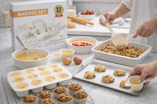 22-Piece Silicone Baking Set – Muffin Cups, Baking Trays, Spatulas, Whisk & Kitchen Tools Kit