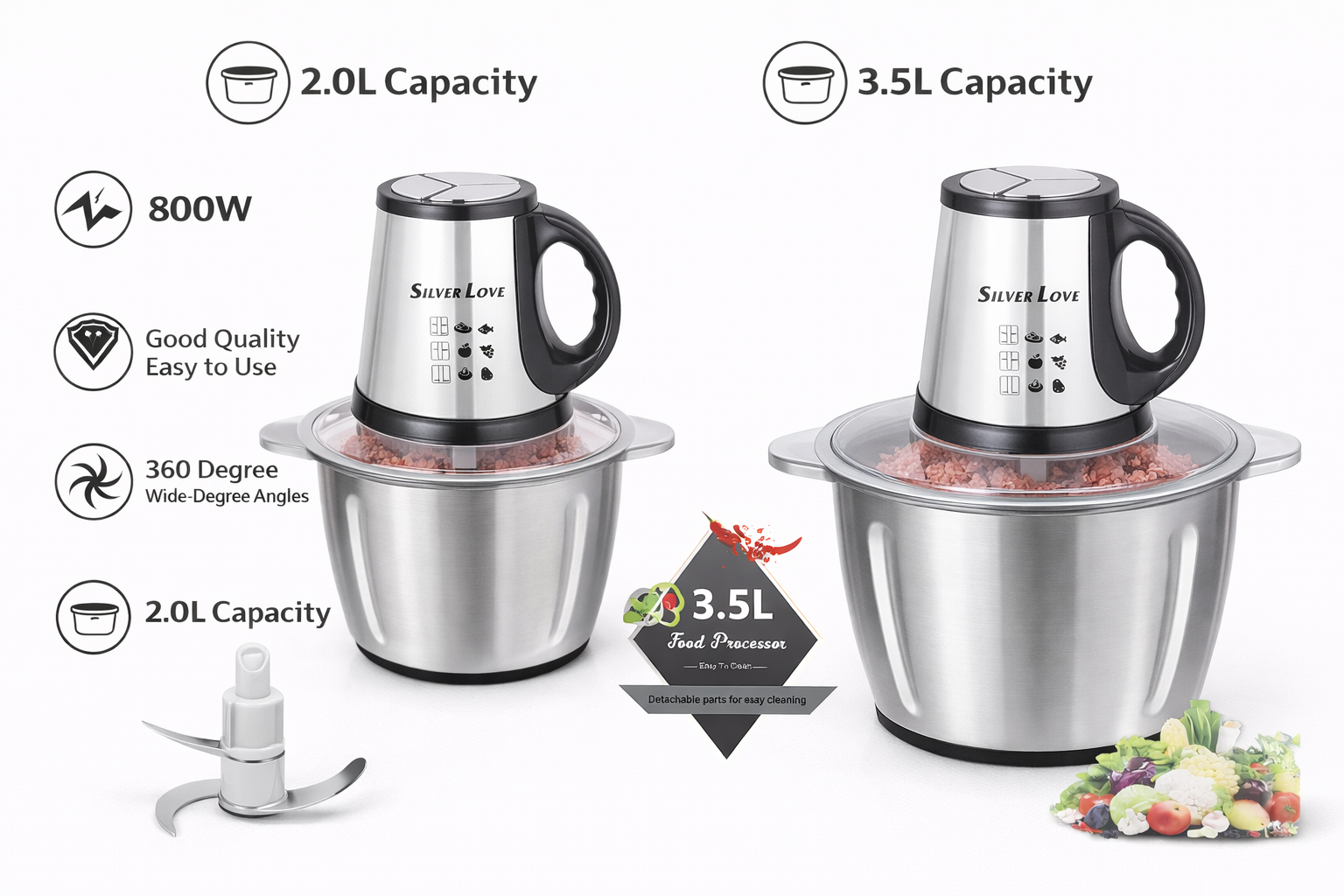 Silver Love Electric Meat Grinder SC-8602 – 2.0L Stainless Steel Food Processor, 800W