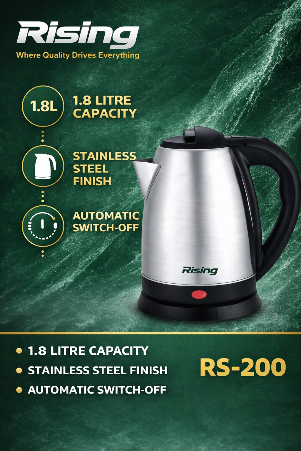 Rising RS-200 Stainless Steel Cordless Kettle – 1.8L Capacity