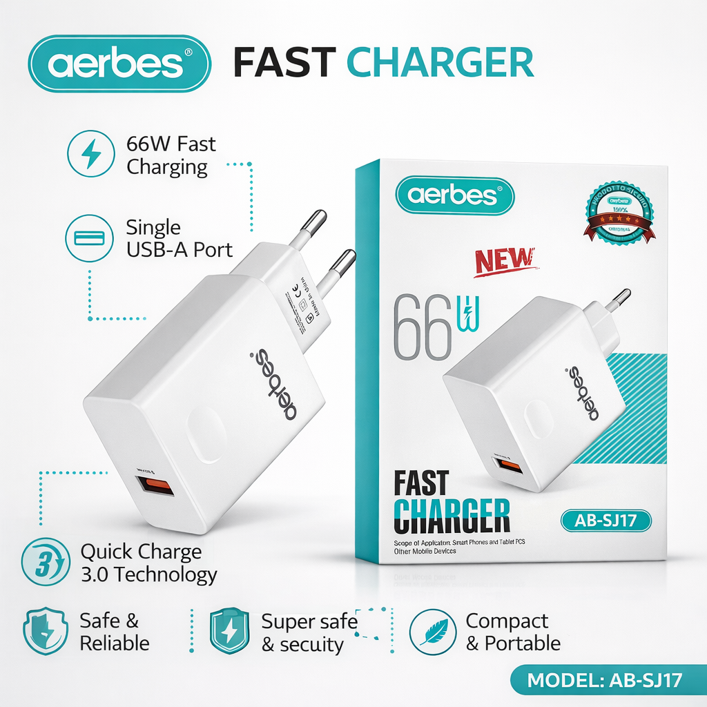 Aerbes AB-SJ17 66W Fast Charger – Single USB-A Wall Charger (Quick Charge 3.0)