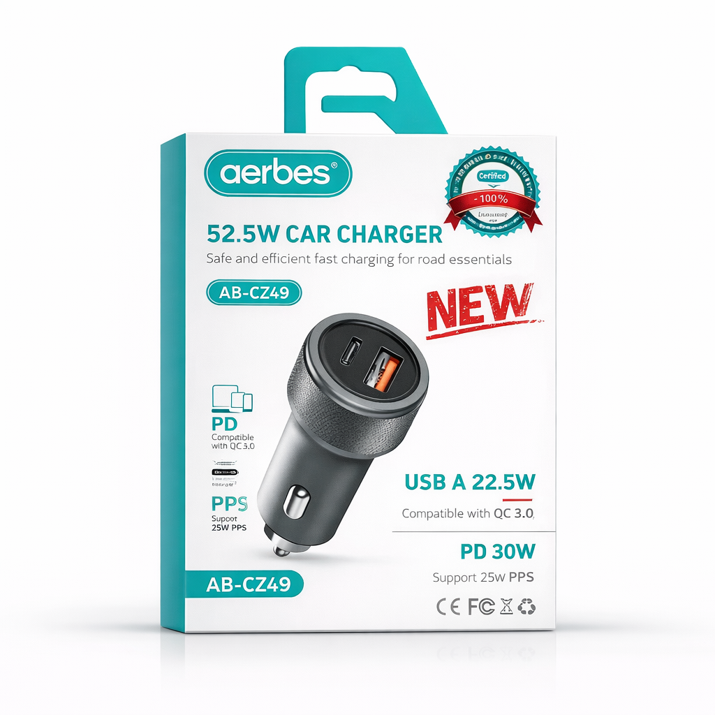 Aerbes AB-CZ49 52.5W Dual-Port Car Charger – USB-C PD 30W + USB-A 22.5W Fast Charging