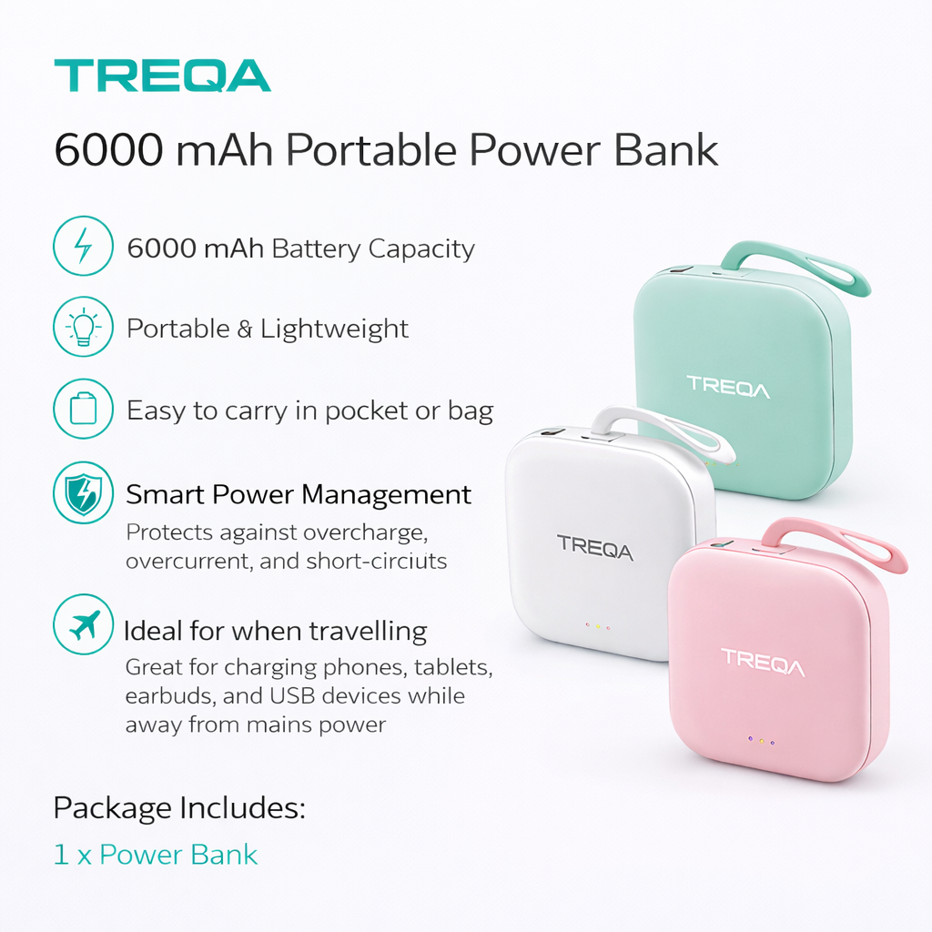 TREQA 6000mAh Portable Power Bank – Compact Fast Charging Battery Pack (Random Colour)