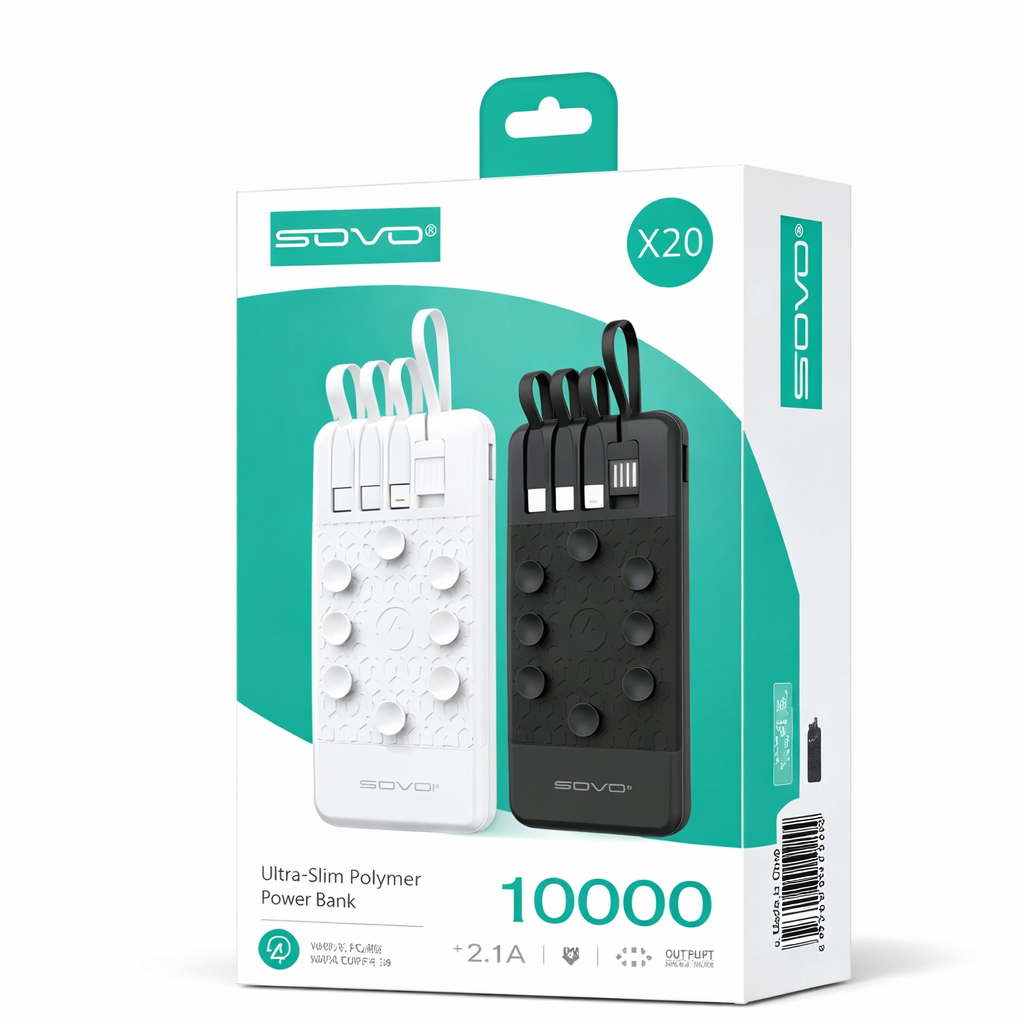 SOVO 10000mAh Power Bank – Built-in Cables with Suction Design