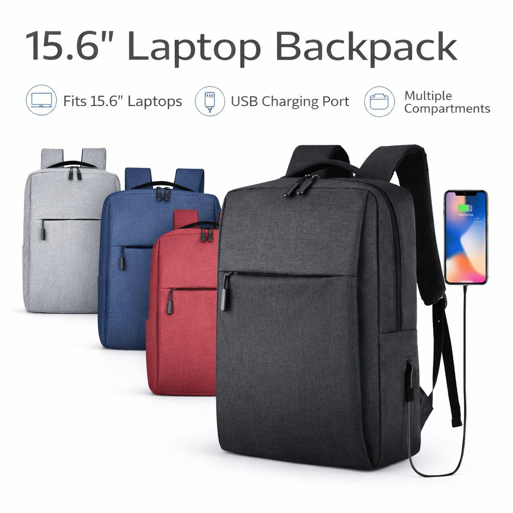 15.6” Laptop Backpack with USB Charging Port – Waterproof Oxford Travel Bag (Random Colour)