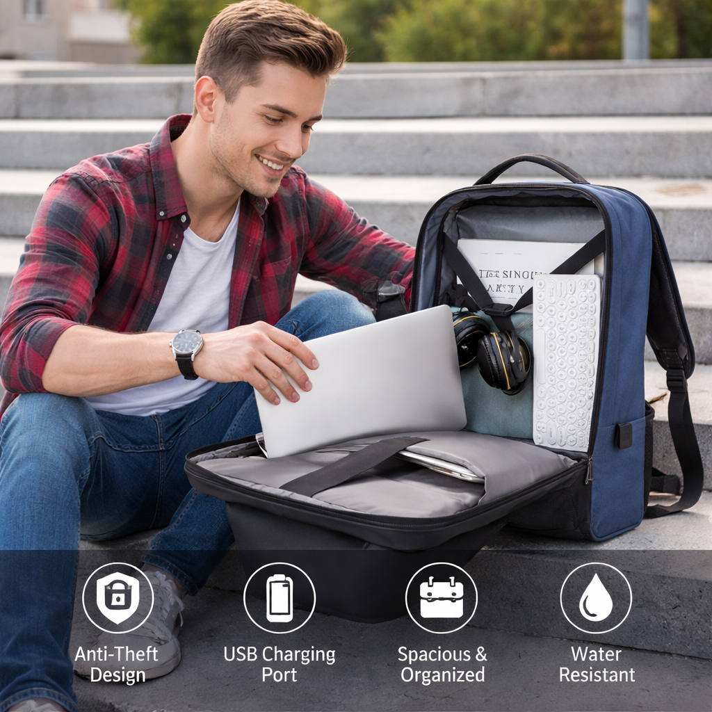 Anti-Theft Laptop Backpack 15.6” – Hard Shell USB Charging Travel Bag
