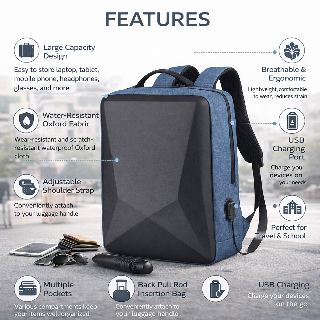 Anti-Theft Laptop Backpack 15.6” – Hard Shell USB Charging Travel Bag
