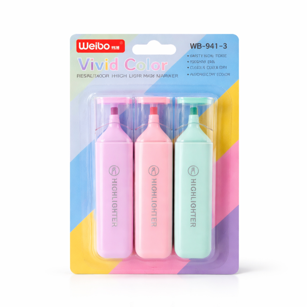 Weibo Pastel Highlighters 3 Pack – Vivid Colour Marker Set