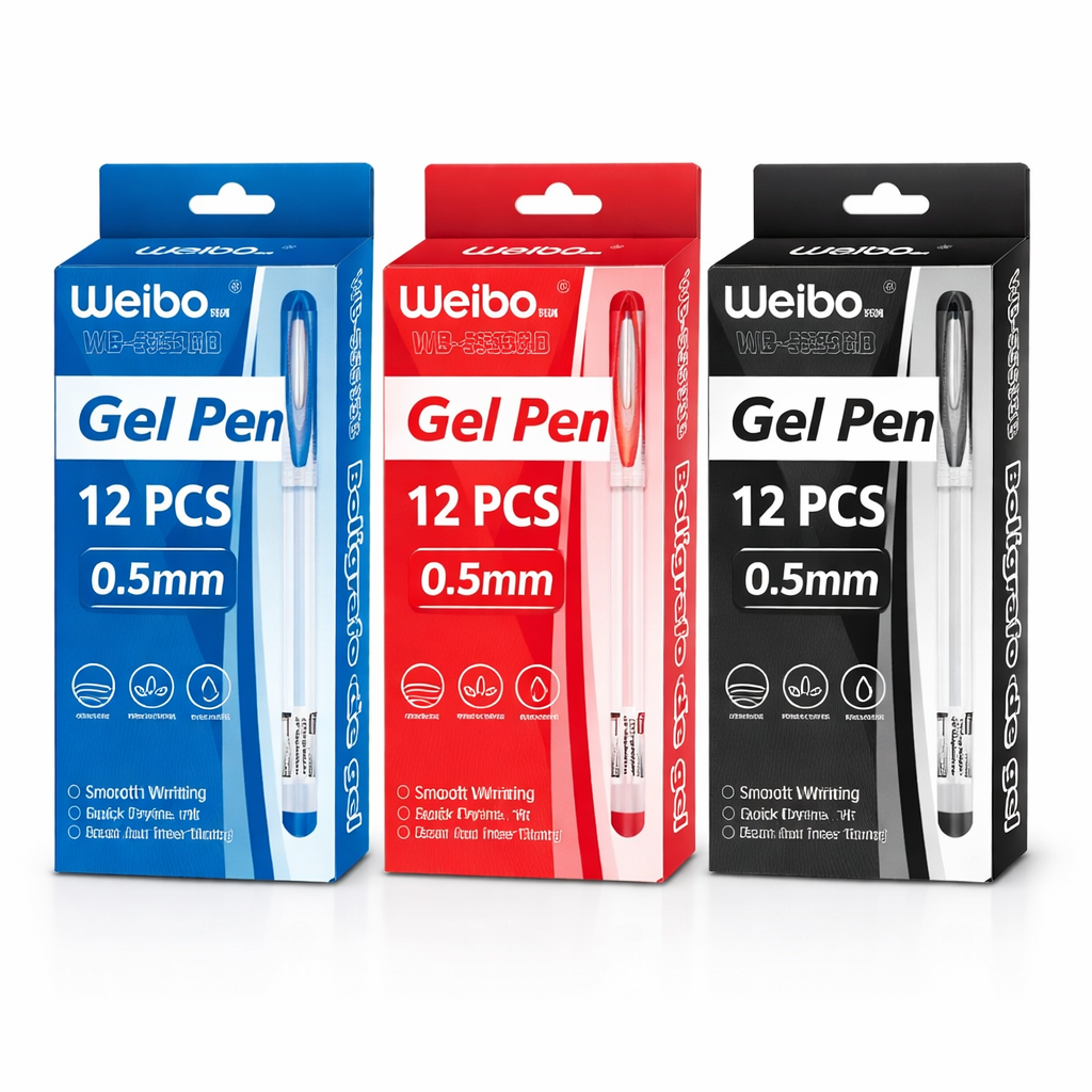 Weibo Gel Pens 12 Pack – 0.5mm Smooth Writing Pens (Blue, Red, Black)