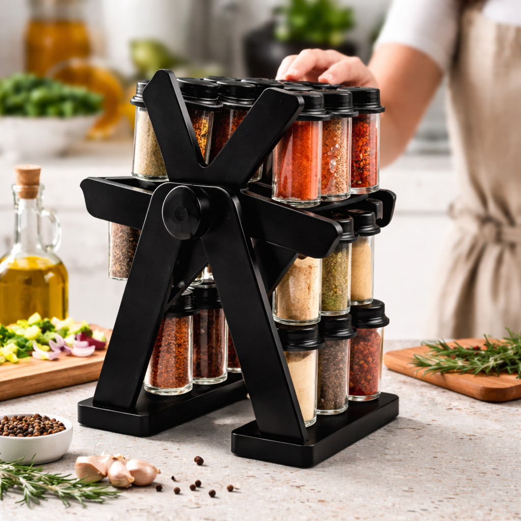 18 Jar Rotating Spice Rack Organizer – Space Saving Kitchen Storage Carousel