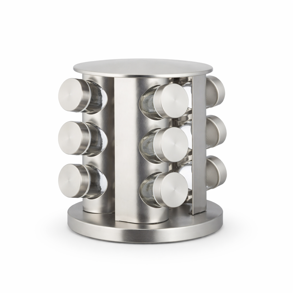 360° Rotating Stainless Steel Spice Rack Set with 12 Glass Jars | Kitchen Organizer
