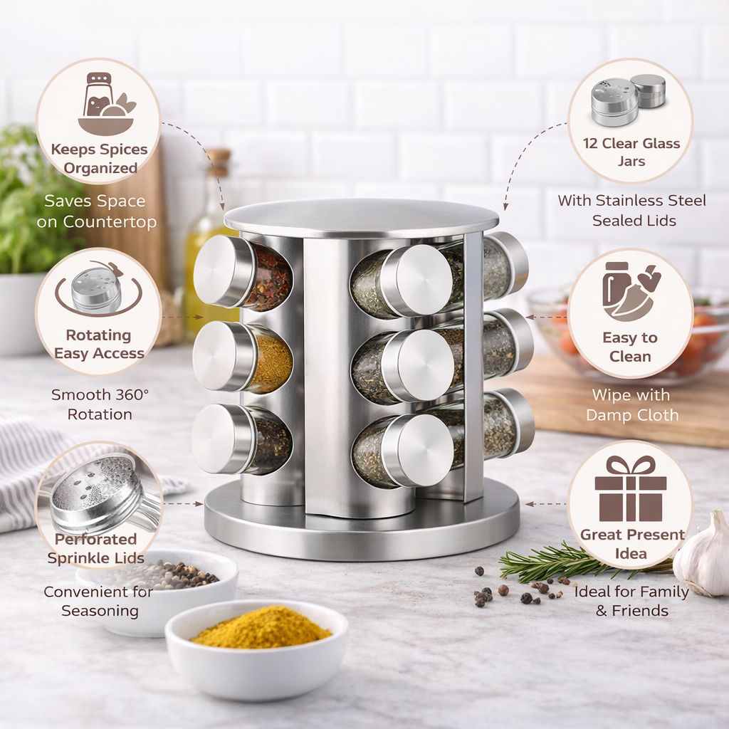 360° Rotating Stainless Steel Spice Rack Set with 12 Glass Jars | Kitchen Organizer