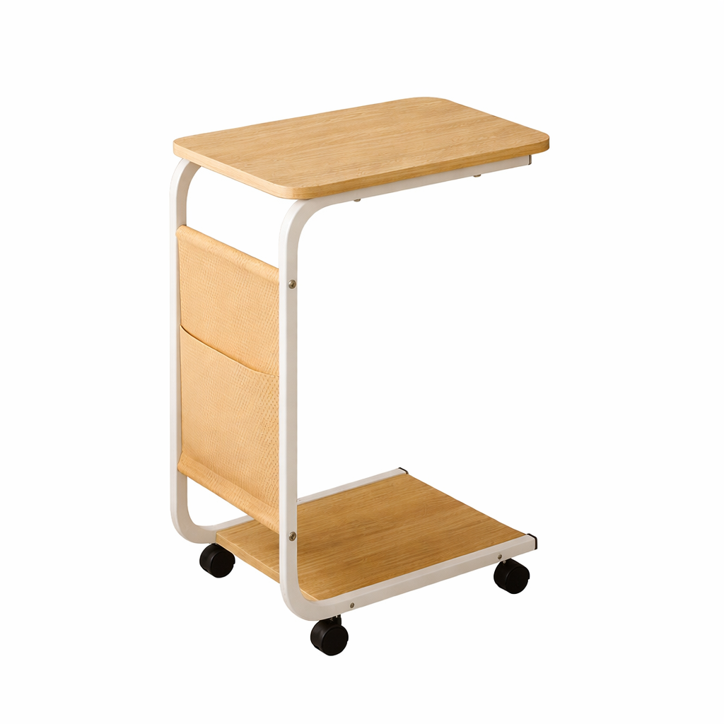 C-Shaped Side Table with Storage Pocket & Wheels | Slim Sofa / Bedside Table