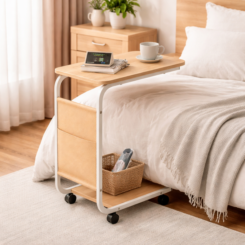 C-Shaped Side Table with Storage Pocket & Wheels | Slim Sofa / Bedside Table