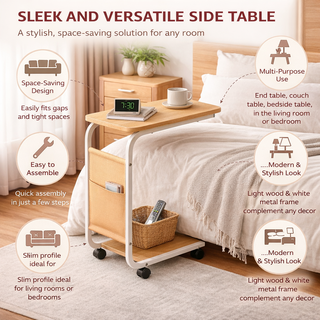 C-Shaped Side Table with Storage Pocket & Wheels | Slim Sofa / Bedside Table