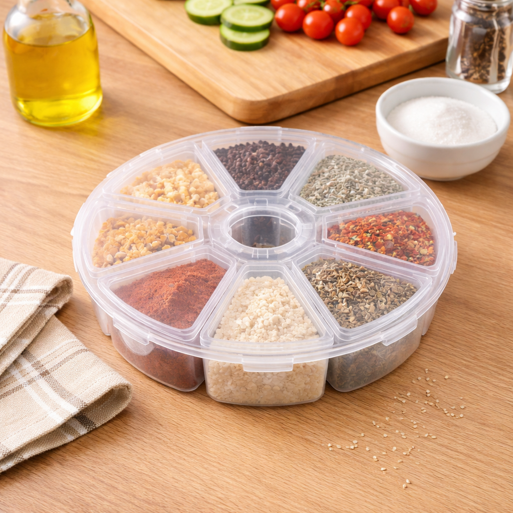 8-Compartment Round Storage Organizer Box | Portable Jewelry, Spice & Small Items Case