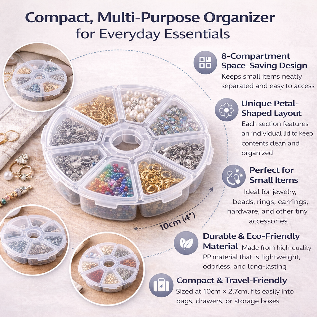 8-Compartment Round Storage Organizer Box | Portable Jewelry, Spice & Small Items Case