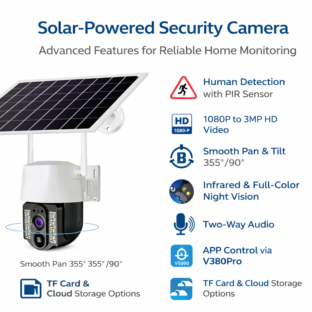 Solar Powered PTZ Security Camera with Night Vision & App Control | Wireless Outdoor CCTV