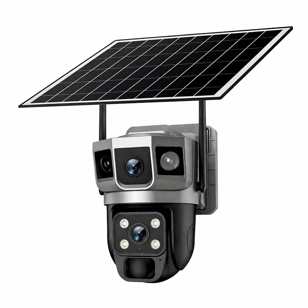 Solar Powered Dual-Lens PTZ Security Camera | Wireless Outdoor CCTV with Auto Tracking & Night Vision