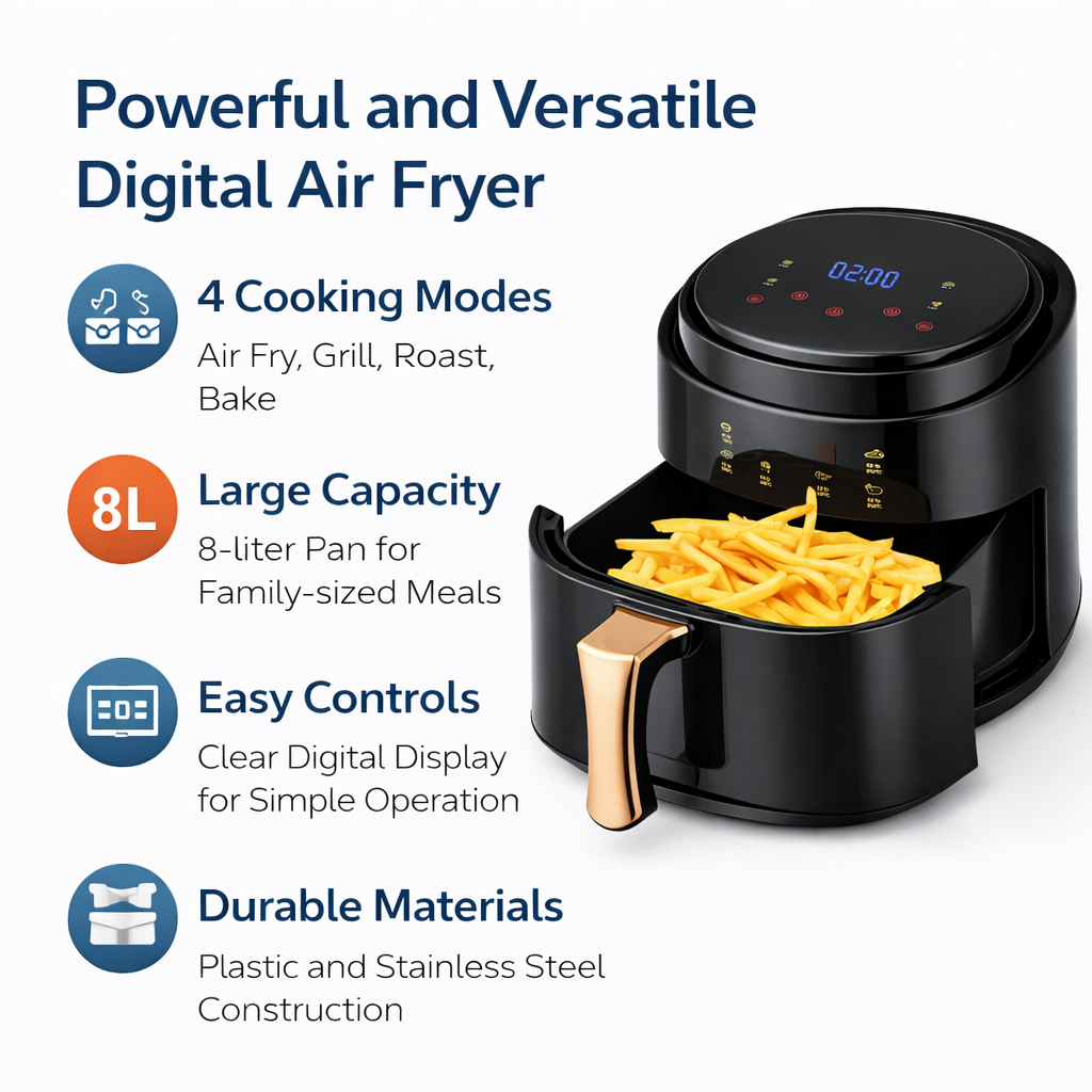 8L Digital Air Fryer 2400W | Multi-Function Air Fry, Grill, Roast & Bake