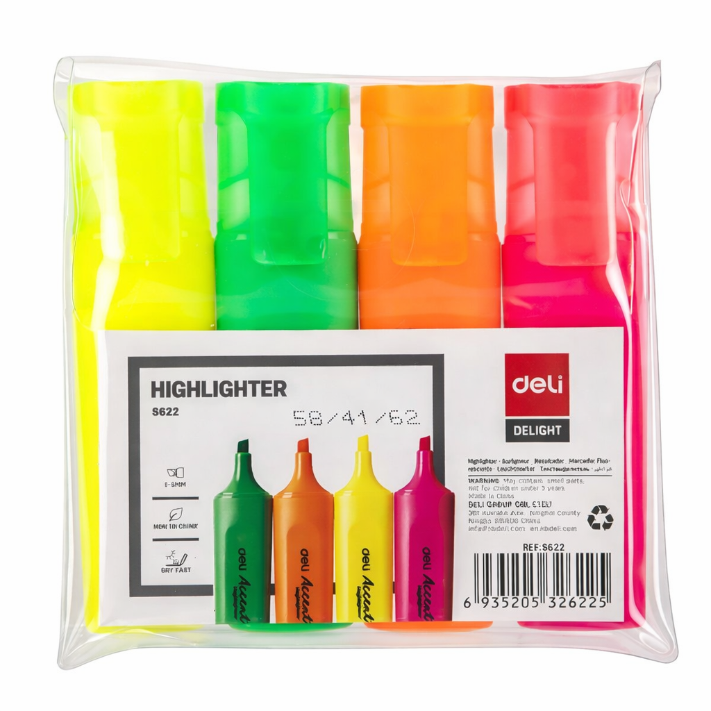 Deli Accent Highlighter Set 4 Pack Fluorescent Chisel Tip Markers