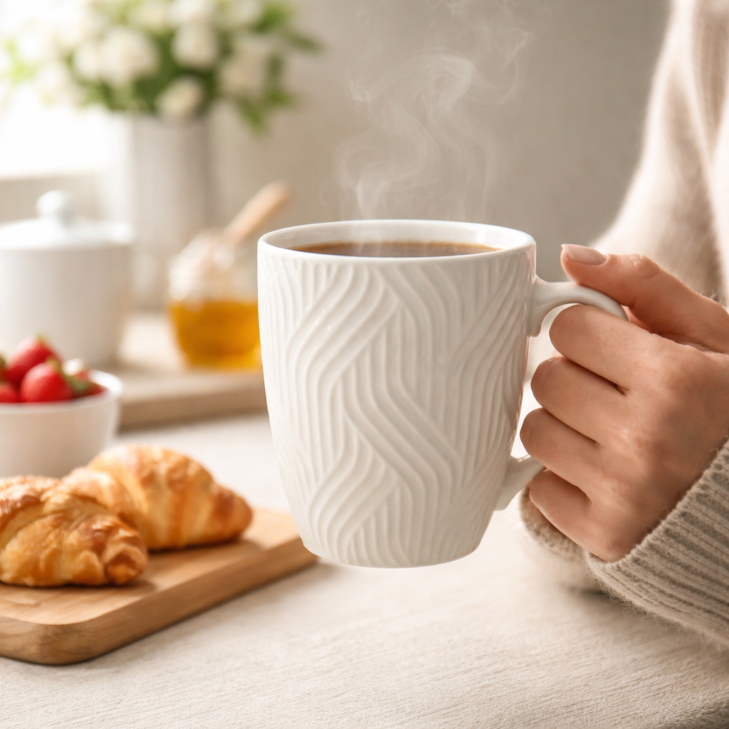 White Textured Ceramic Mug with Handle Modern Coffee Cup