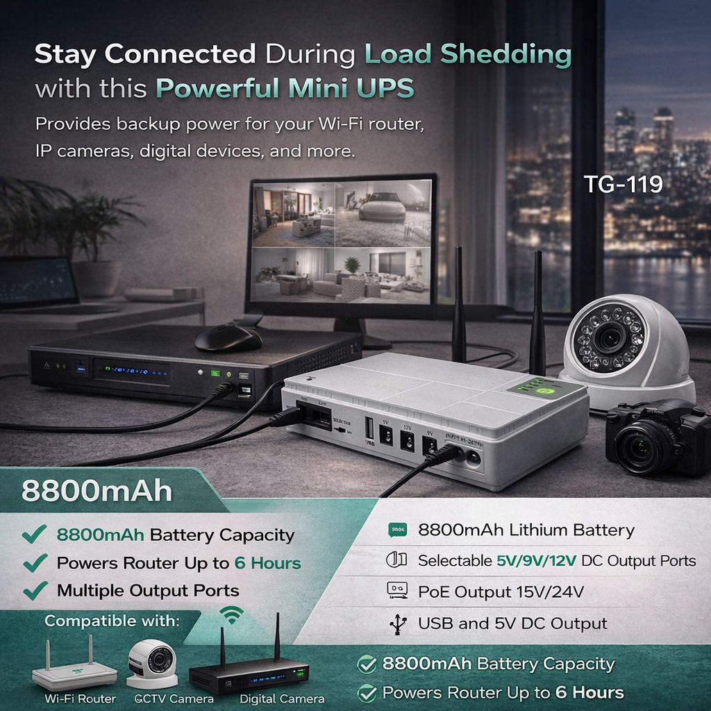 Mini DC UPS 8800mAh | Backup Power for WiFi Router, CCTV & Devices (TG-119)