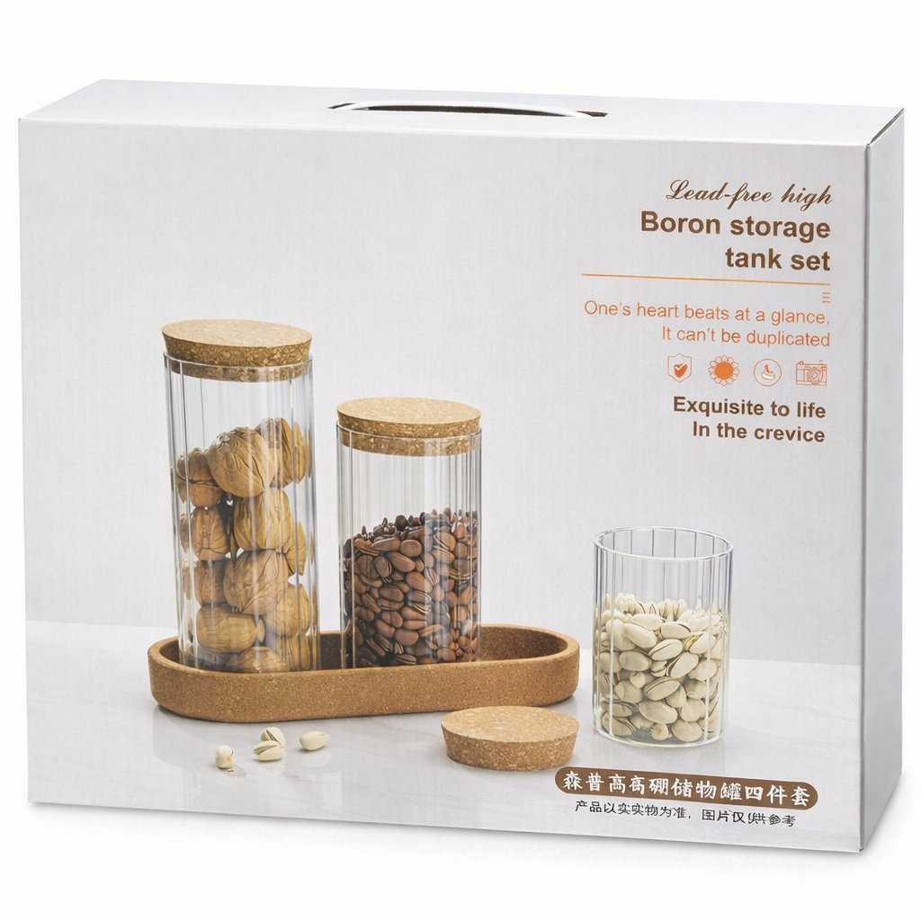 Glass Kitchen Storage Jar Set with Cork Lids & Tray – 4-Piece Airtight Food Storage Containers for Coffee, Nuts, Spices & Dry Foods