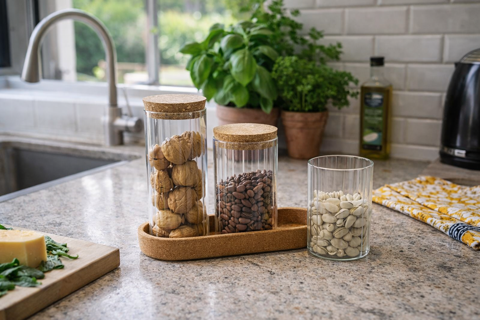 Glass Kitchen Storage Jar Set with Cork Lids & Tray – 4-Piece Airtight Food Storage Containers for Coffee, Nuts, Spices & Dry Foods