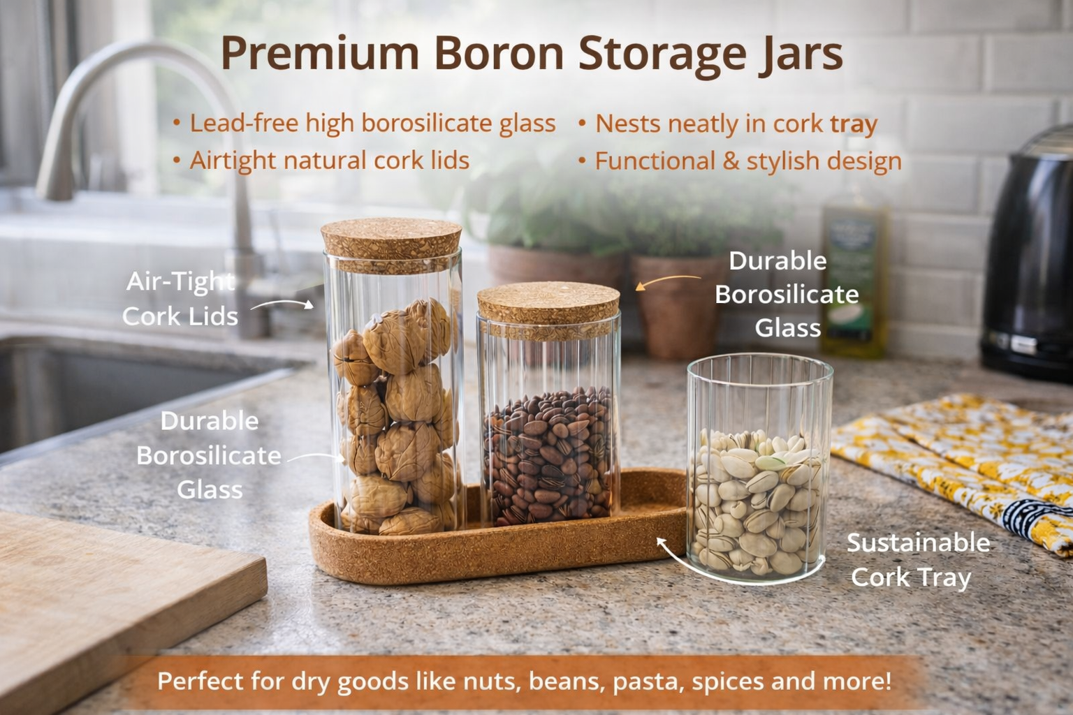 Glass Kitchen Storage Jar Set with Cork Lids & Tray – 4-Piece Airtight Food Storage Containers for Coffee, Nuts, Spices & Dry Foods